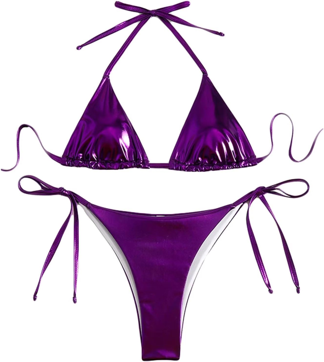 Falainetee Women's Metallic Shiny Bathing Suit High Waisted Triangle Tie Side Swimsuit Bikini Set