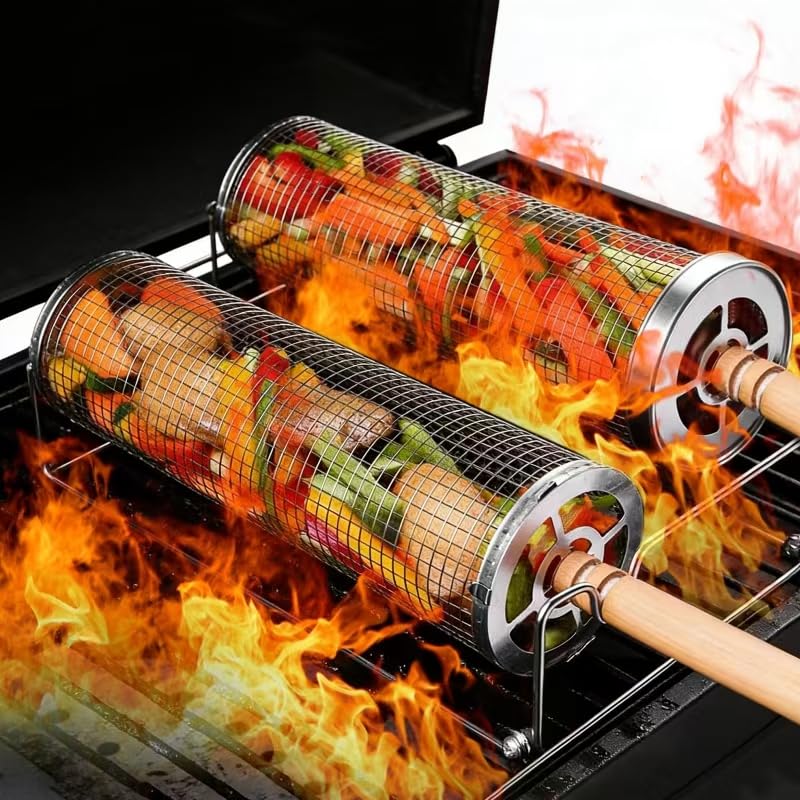 Rolling Grill Basket, 2 Pcs 304 Stainless Steel Rolling Barbecue Utensils Tool with Removable Wooden Handles, BBQ Accessories Tools for Outdoor Cooking Camping Birthday Gifts for Men Dad Husband