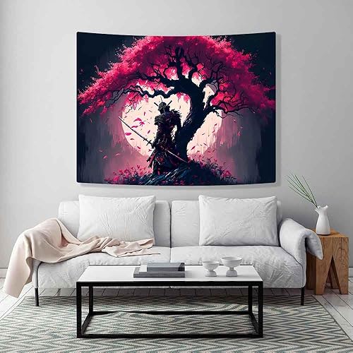 Miniatura 10 de Ine Ive Tapiz samurái japonés para dormitorio, estética de luna llena, cerezo, árbol, guerrero, asiático oriental, tapiz de pared, 80 x 60 pulgadas,