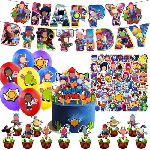 ZGCXRTO 30 Piezas Wilderness Battle Cumpleaños Decoracion,Cartoon Stars Party Cumpleaños Decoracion,50pcs Pegatinas De Juegos De Dibujos Animados,Br-Awl Globos Artículos Para Fiestas Infantiles