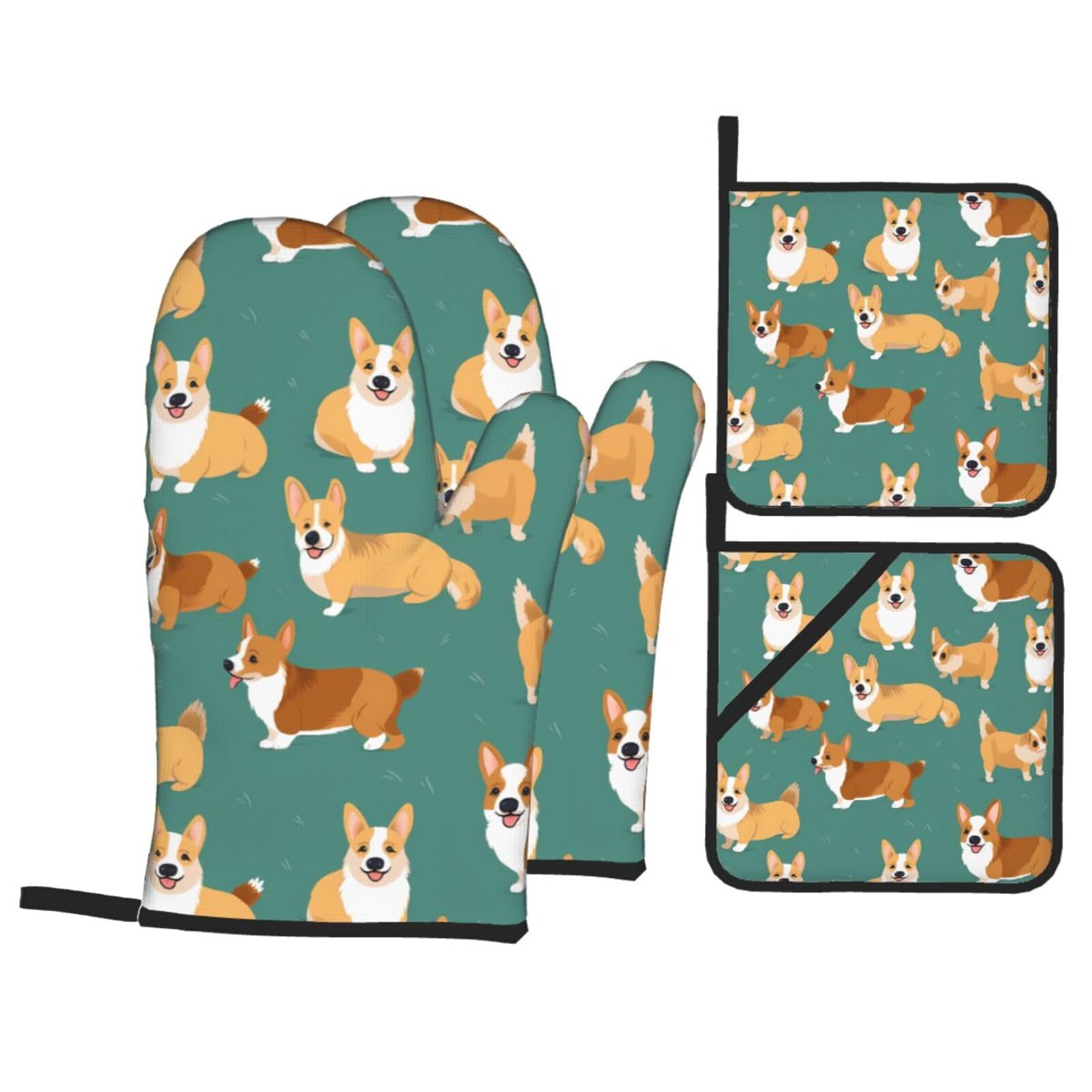 HJFCZH Corgi Cute Dog Picture Kitchen Baking Set of 4 Thick Insulated Oven Mitt & Pot Holders, Anti-Scalding for Microwave, Oven, Outdoor BBQ