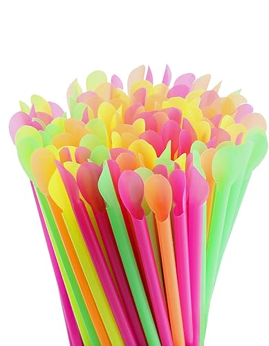 DEEBF - Paquete de 500 pajitas de cuchara Sno-Cone, pajitas de plástico desechables de colores neón mixtos, 8 pulgadas