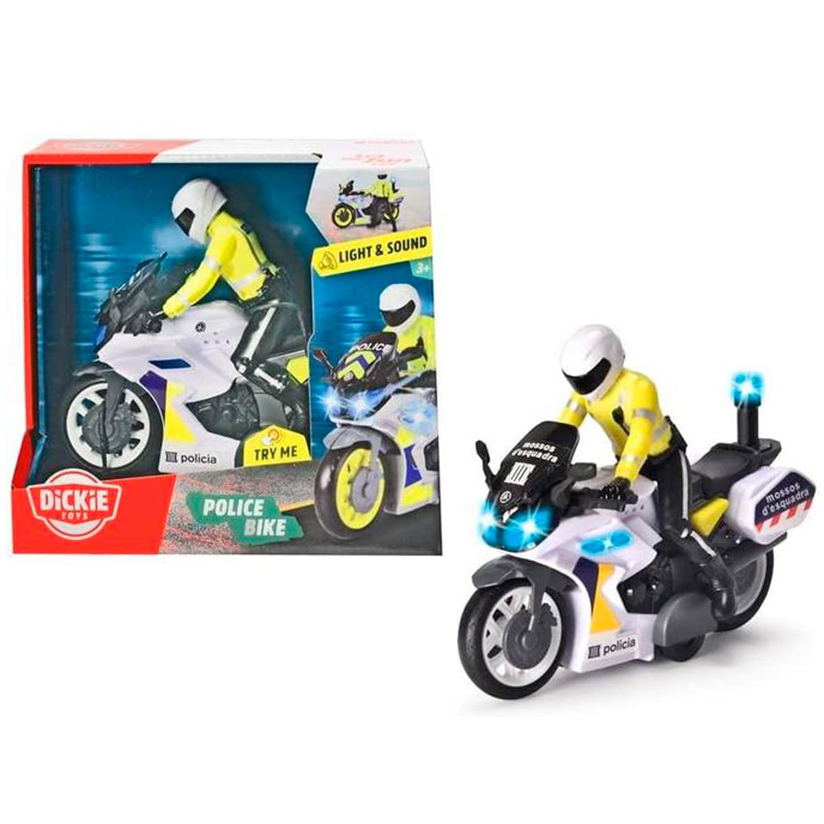 Dickie Toys Moto Mossos 17 cm z figurą, mechanizmem ciernym, światłem i dźwiękiem, od 3 lat (203712018SIE)