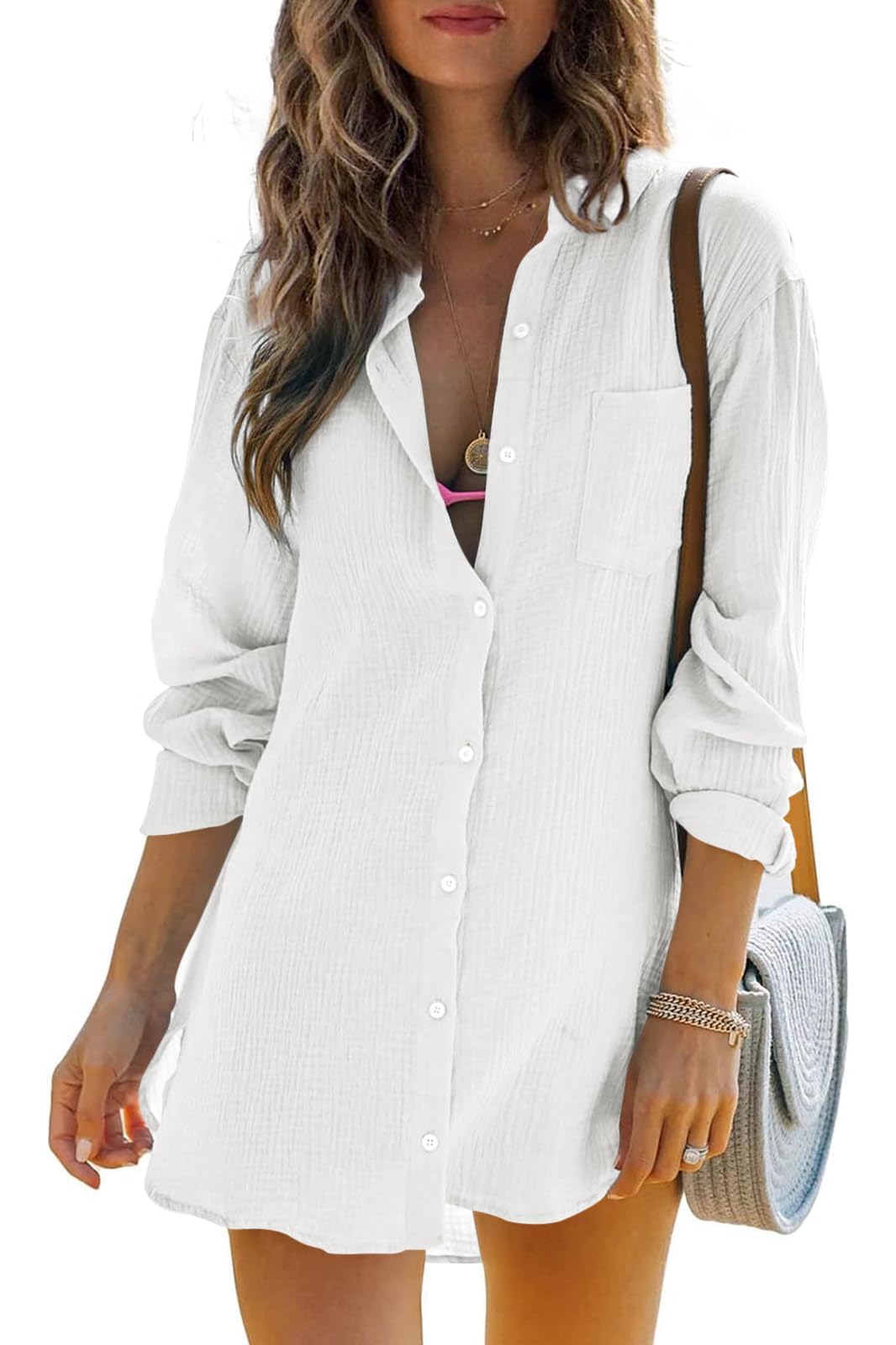 Cicy Bell Damen Langärmel Bluse Sommer Musselin Tops Baumwolle Casual Button Down Shirt Kleid Tops Loose Tunica Strandkleid Bikini Cover Up