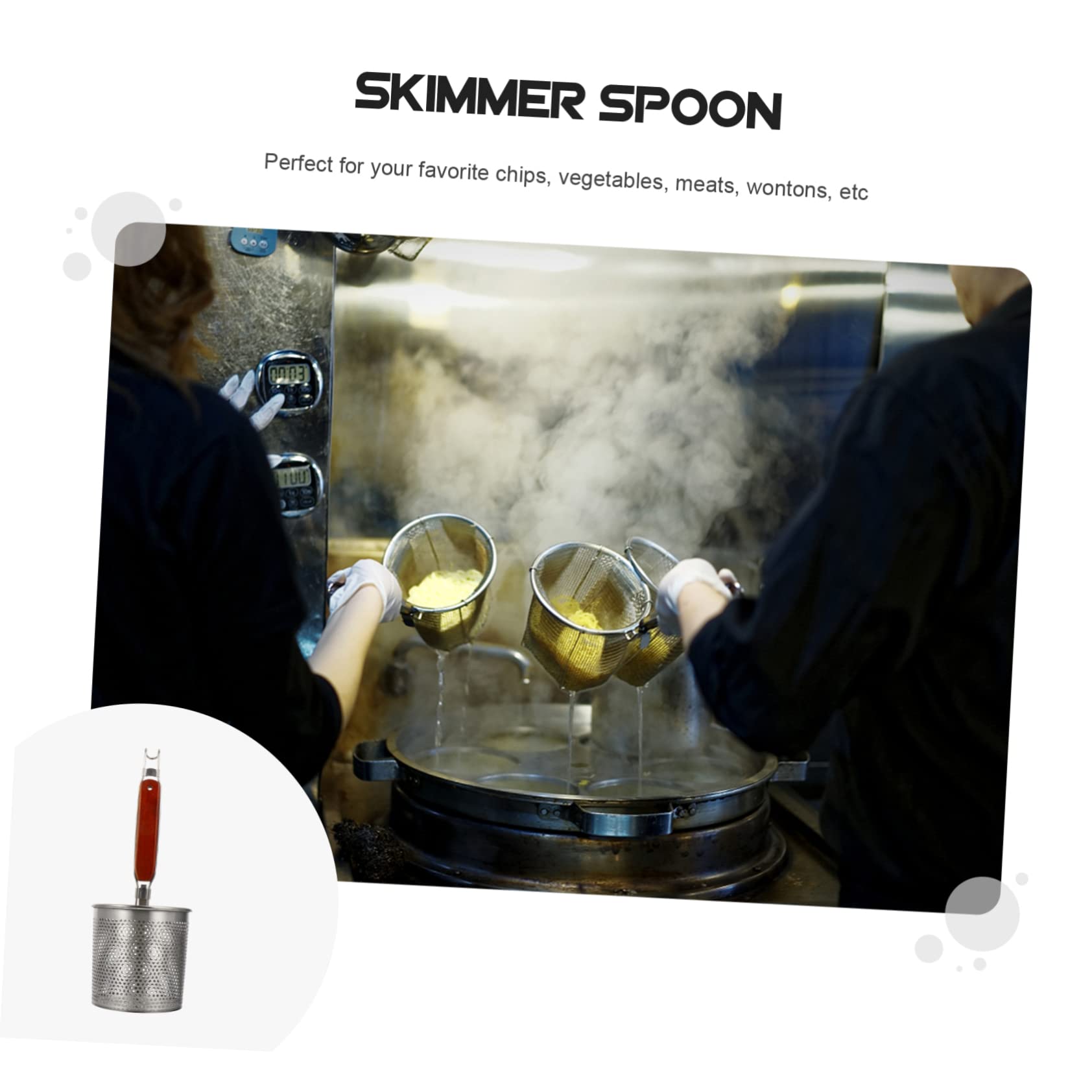 OKUMEYR 1Pc Stainless Steel Skimmer Spoon with Long Handle Kitchen Frying Strainer for Noodles Ramen and More Cooking Tool for Home Restaurant and Hotel Use