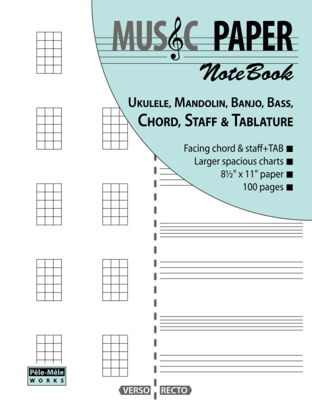 MUSIC PAPER NoteBook - Ukulele, Mandolin, Banjo, Bass, Chord, Staff & Tablature