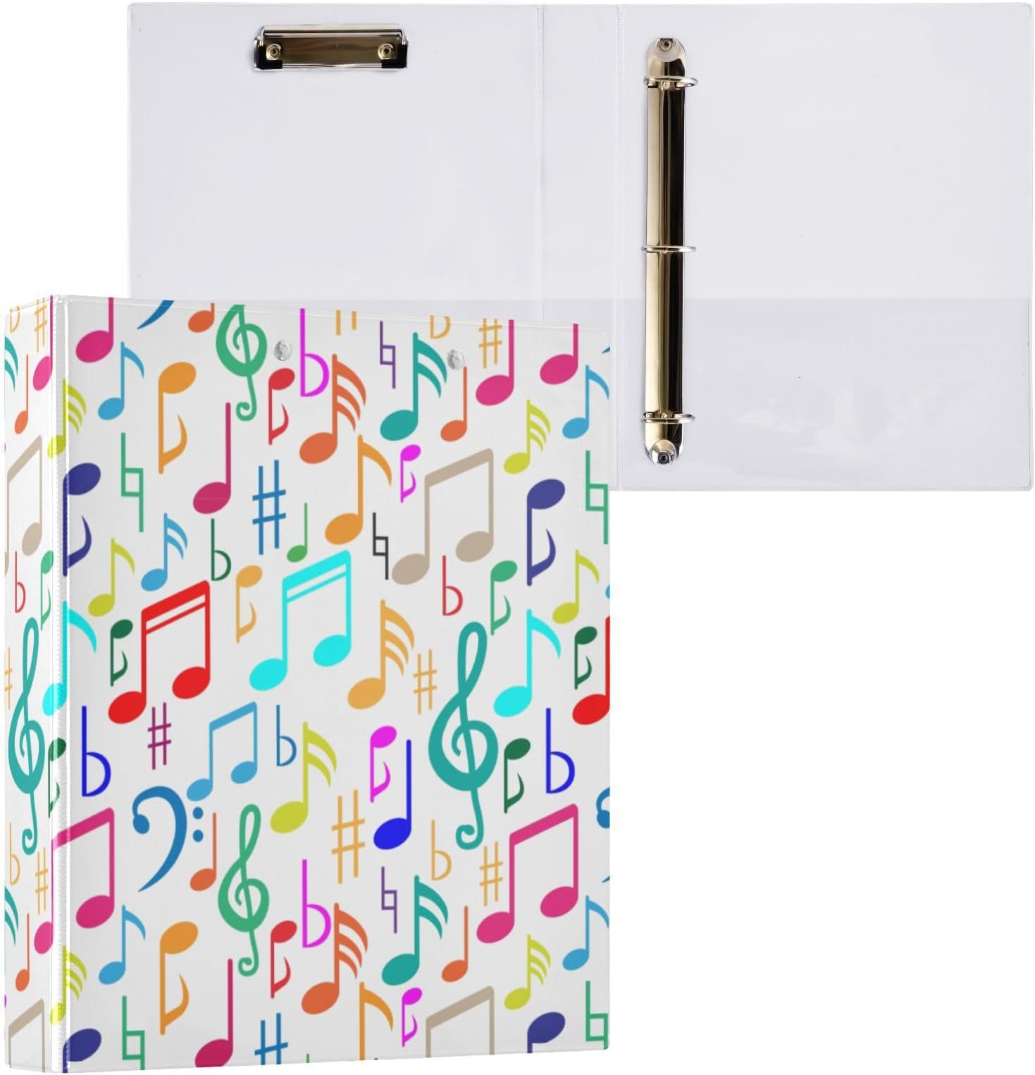 Colorful Music Note 3 Ring Binder 1.5" Decorative D-Ring Binder with Clipboard&3 Clear Pockets, Holds 200 Sheets A4 Size Paper Waterproof Binders for School Home Office