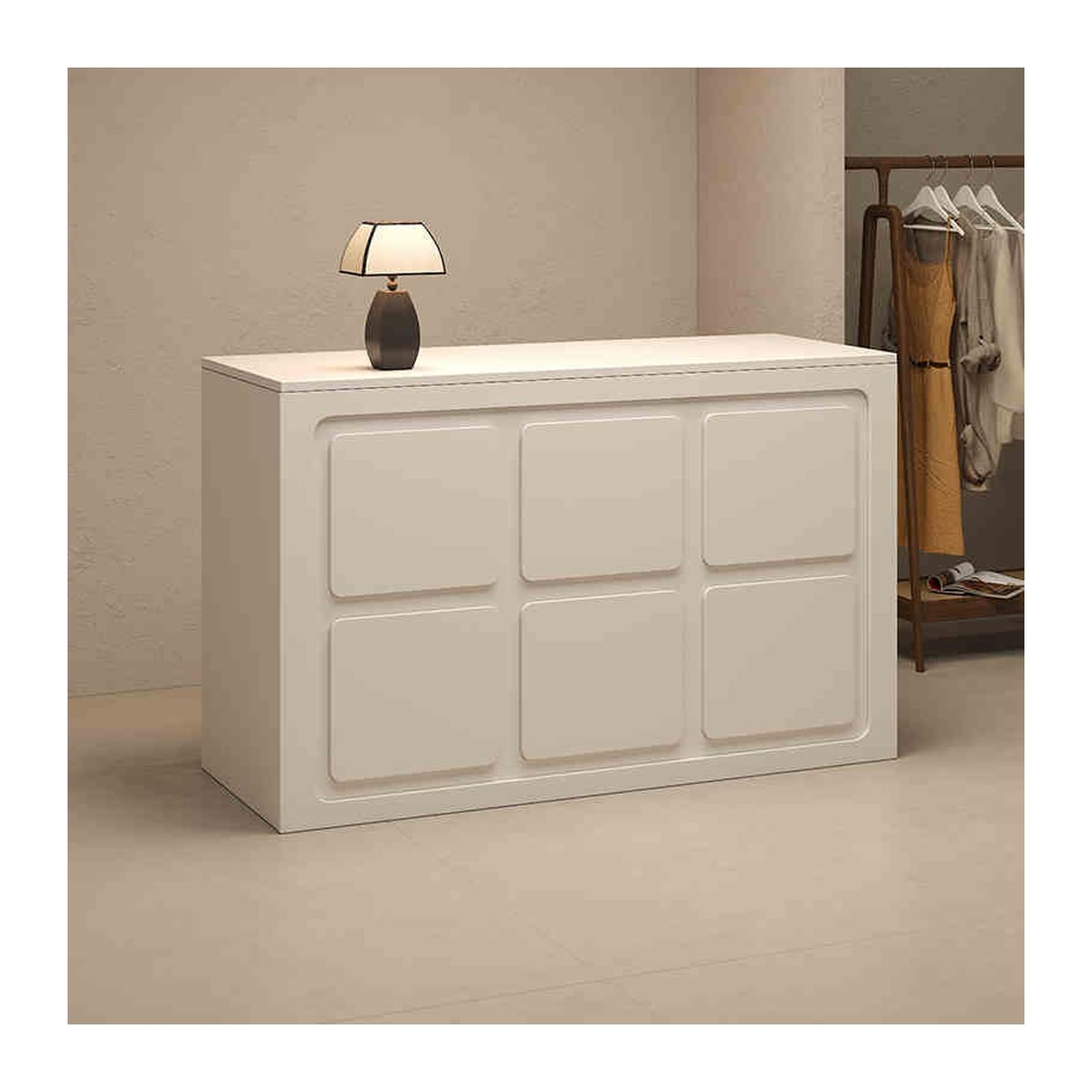 Stilvoller, moderner Kassentisch – 99,8 cm Einzelhandelstisch für Bekleidungsgeschäfte, Kassen und Empfangstresen – schlankes weißes Design, ideal für Damenmodeboutiquen.