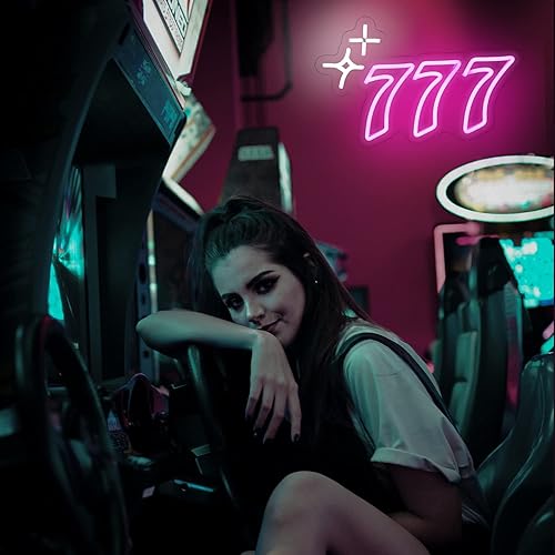 Miniatura 7 de 777 - Letrero de neón con número de ángel, letrero LED de neón Luck Seven luces de neón, estrella rosa y blanca, letreros de neón para pared, número