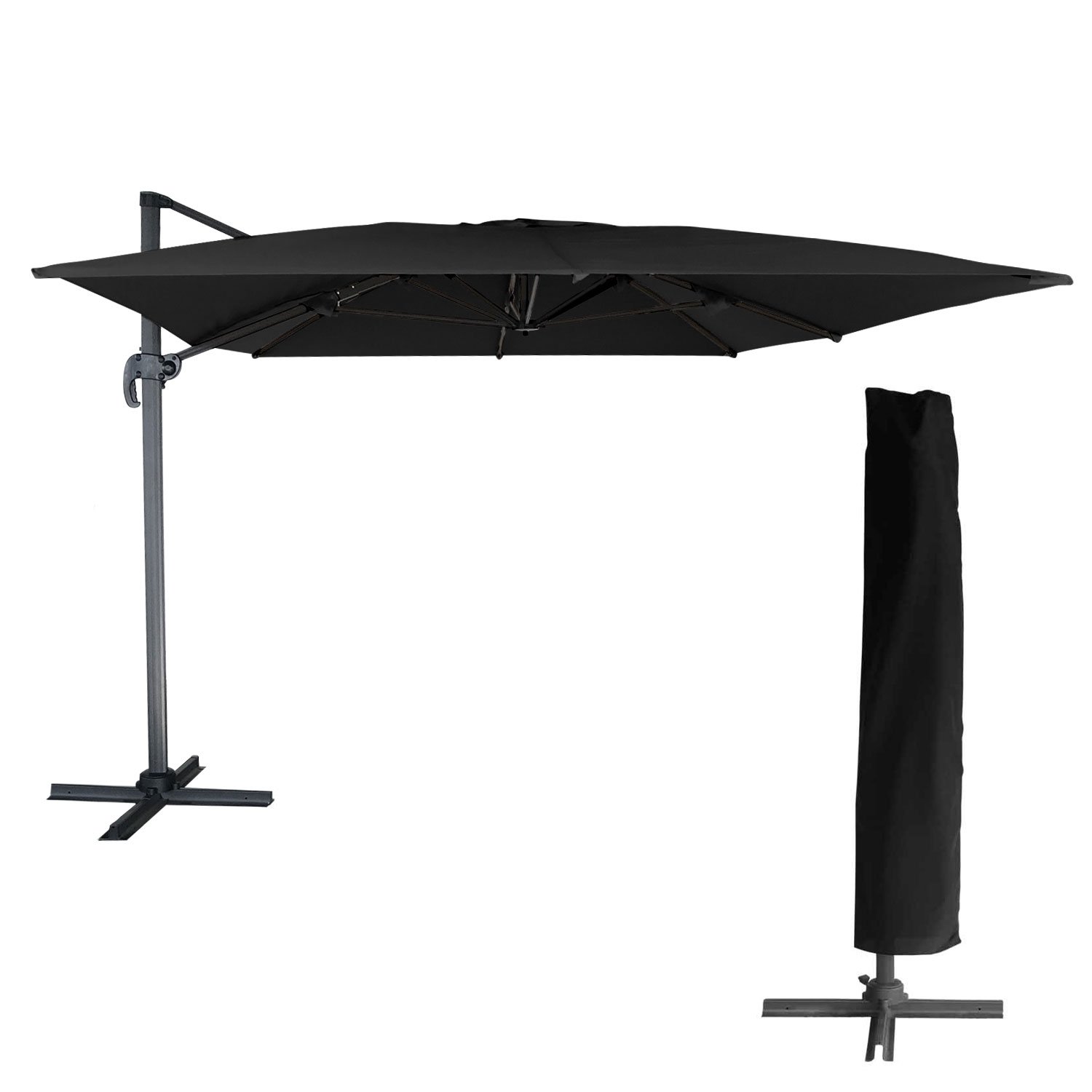 Happy Garden Sombrilla excéntrica Molokai Rectangular 3x4m Negro con manivela. Sombrilla excéntrica inclinable, Plegable y giratoria con Funda Protectora.
