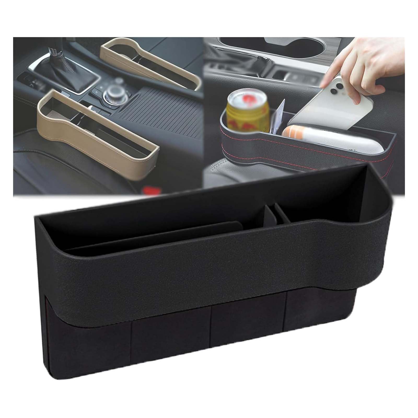Godemmio Deliberatek Leather Multifunctional Car Seat Organizer, Presencte Leather Multifunctional Car Seat Organizer, Leather Car Seat Organizer Black, Universal Gap Storage Box (Black, main driver)