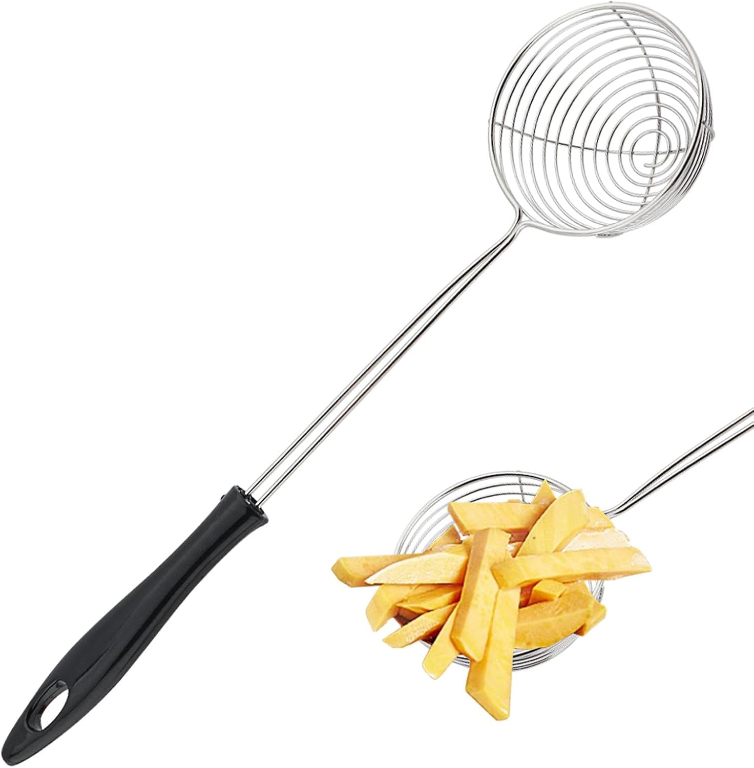 Stainless Steel Spider Strainer Spoon, Non-Stick Cooking Pasta Scoop Bean Scoop Draining Strainer Scoop with Ergonomic Handle for Hot Pot, Beans, Meatball (Size:S)