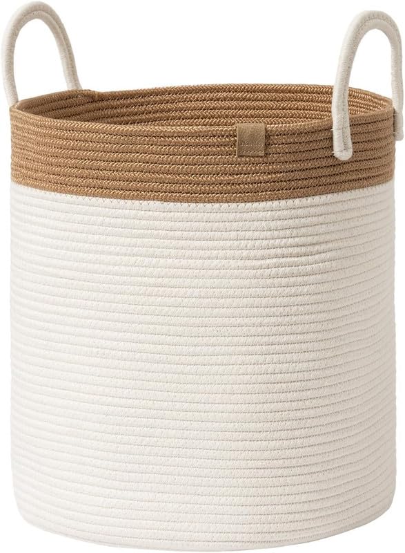 Image of Storage Rope Laundry Hamper Basket for Clothes, Towels and Blankets in Livingroom, Bedroom, Laundry Room and Basket for Nursery Storage (Size - 14 inch x 14 inch x 18 inch) (Beige White)