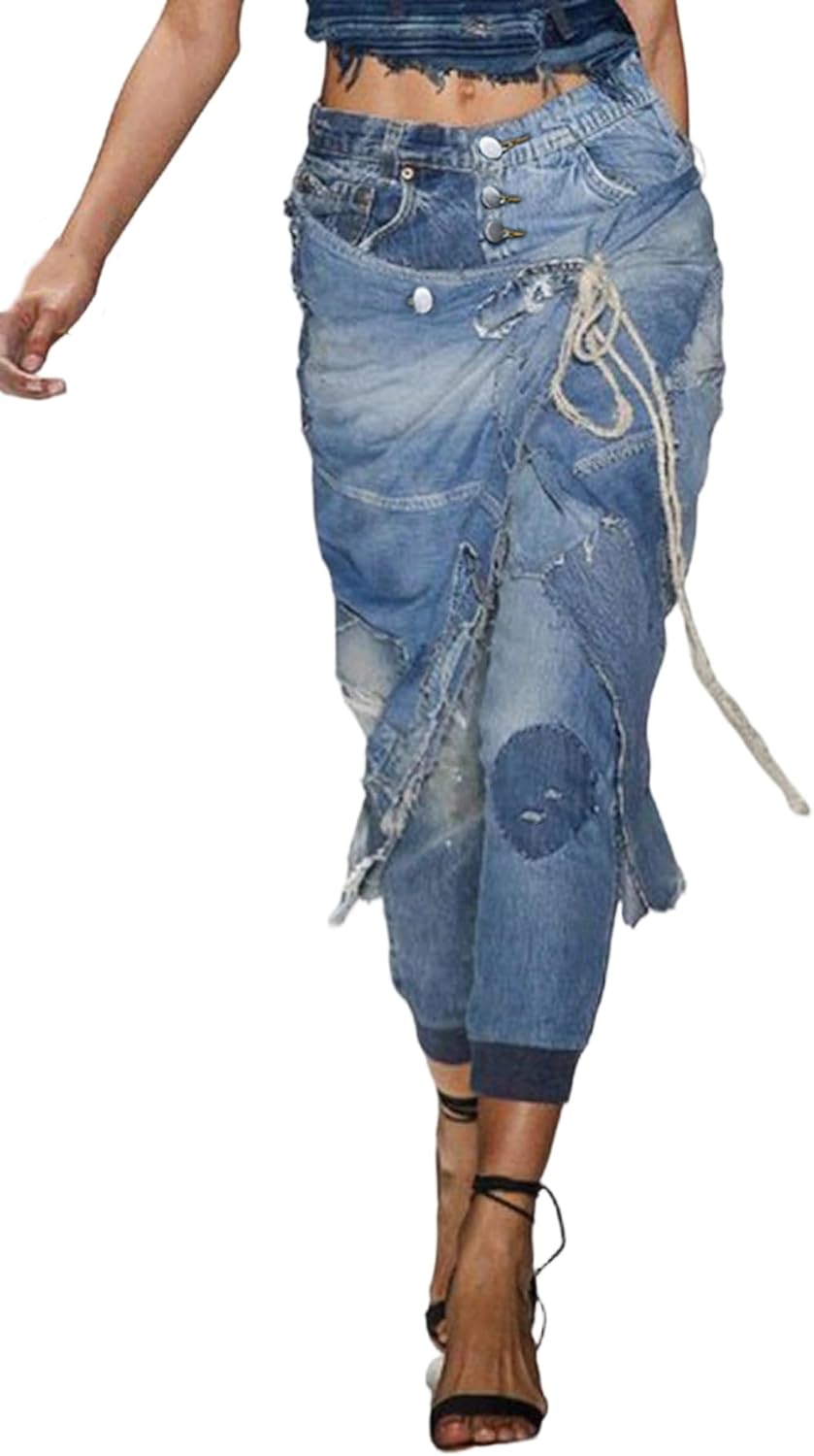 Vakkest Womens High Waisted Skinny Jeans Stretchy Patchwork Ripped Wrap Denim Pants Distressed Leggings Trouser