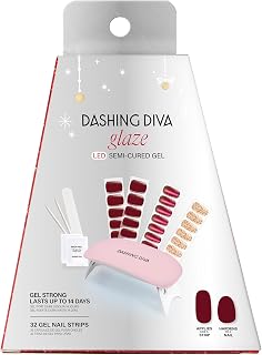 Holiday Glaze Kit - By The Fire Place - Long Lasting, Chip Resistant, Semi-Cured Gel Nail Strips - 5-Piece Manicure Set with 32 Strips and Mini LED Lamp