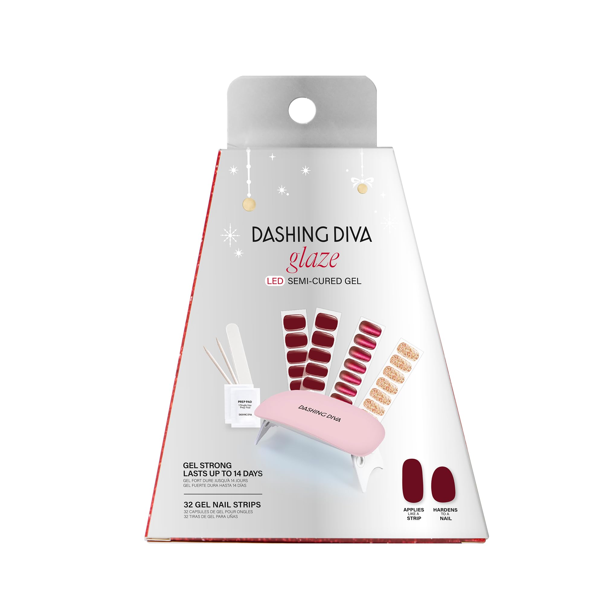 Dashing Diva Glaze Kit - By The Fire Place - Long Lasting, Chip Resistant, Semi-Cured Gel Nail Strips - 5-Piece Manicure Set with 32 Strips and Mini LED Lamp