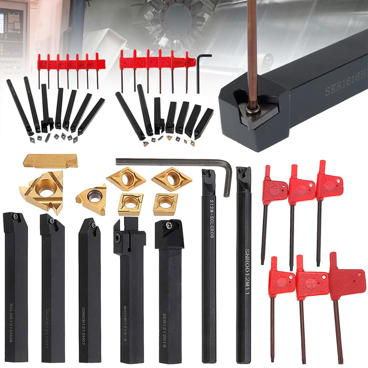 Juego de 21 herramientas de torno multifunción para herramientas de torneado con inserciones de carburo (12 mm).