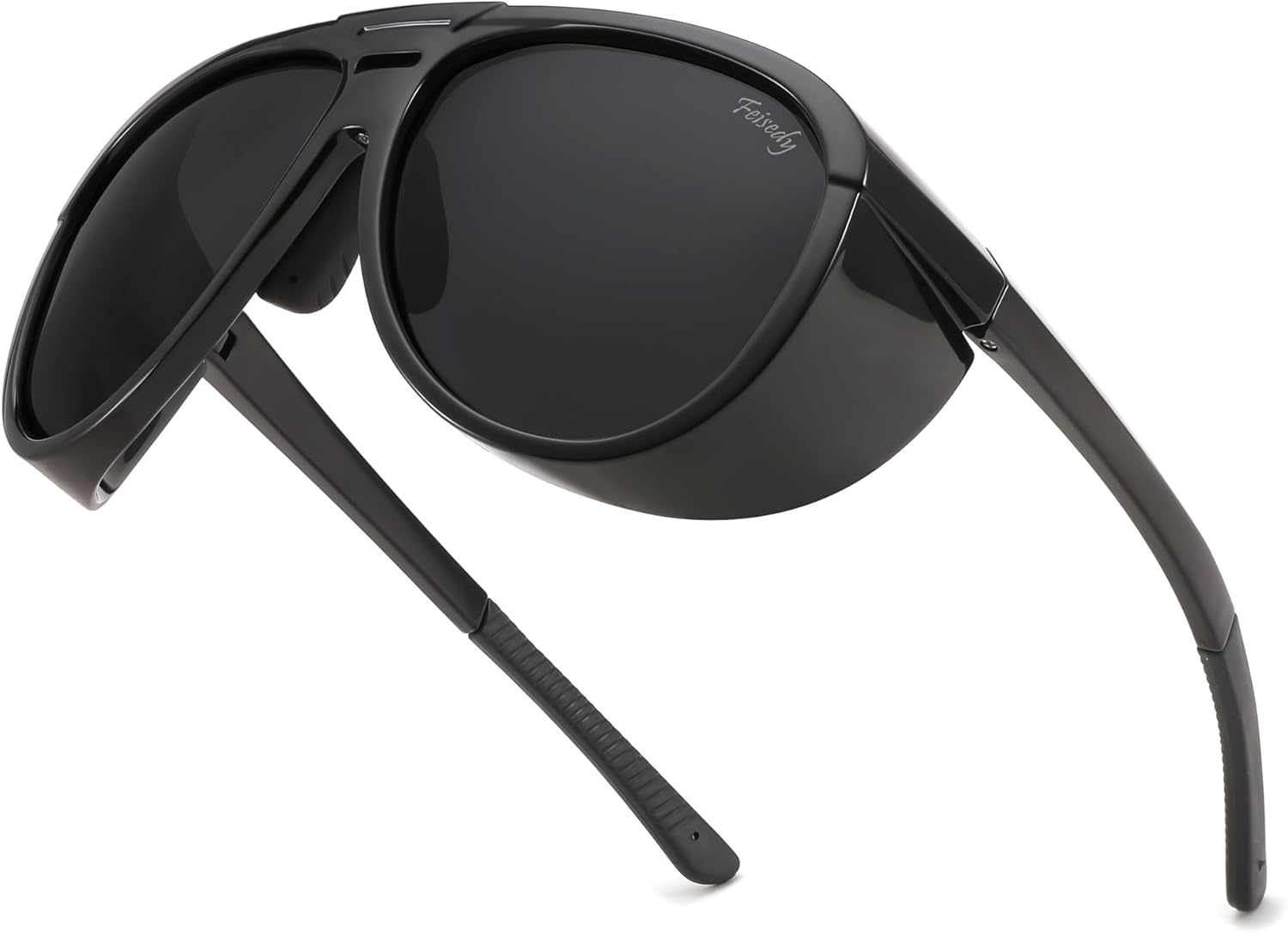 FEISEDY Polarized Aviator Sunglasses Men Women Oversized Round Steampunk Sunglasses Side Shield Goggles B0095