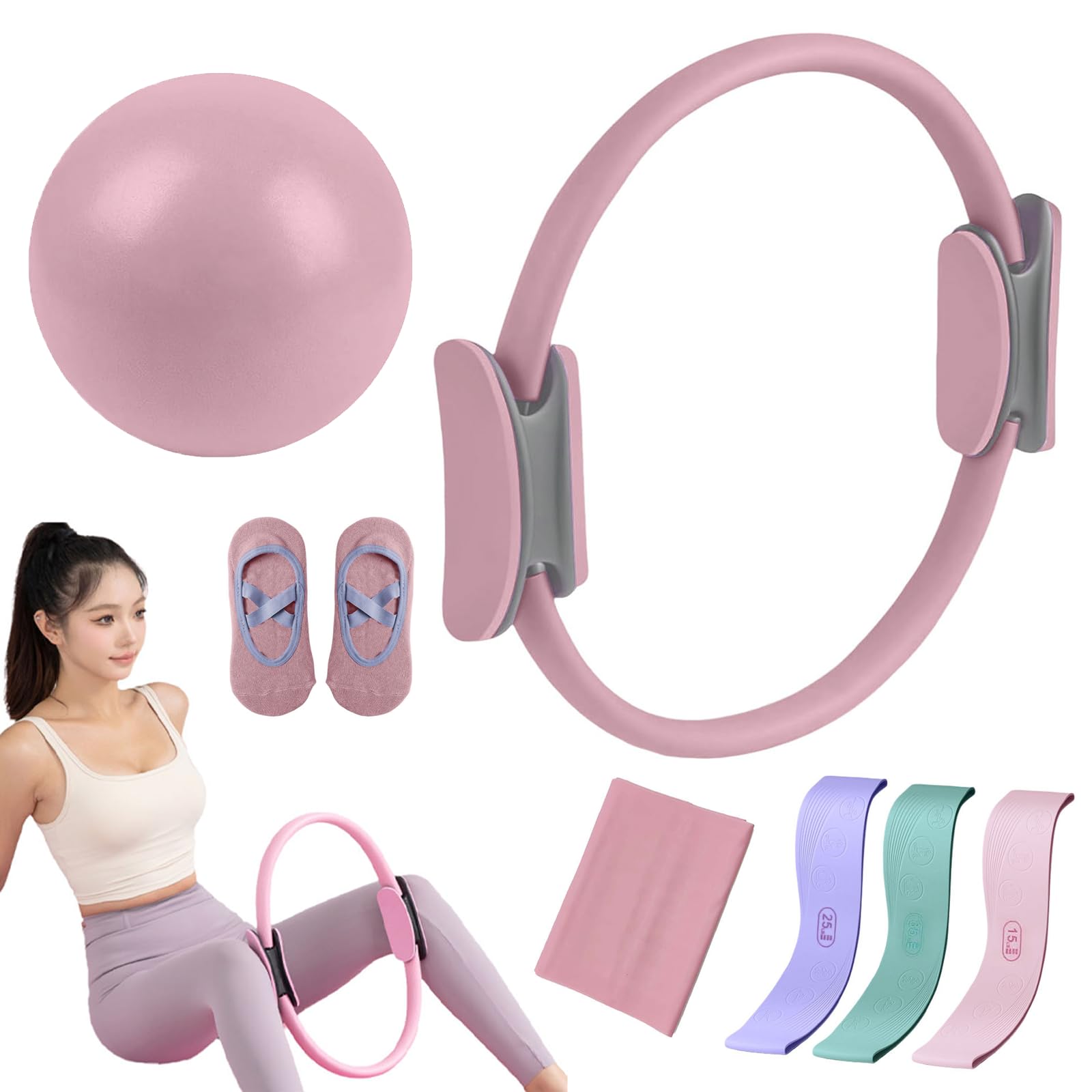 Kit de Pilates Essentiel pour Entraînement à Domicile – Équipement de Fitness Portable avec Cercle Pilates, Bandes de Résistance Longues, Balle Souple et Chaussettes Antidérapantes