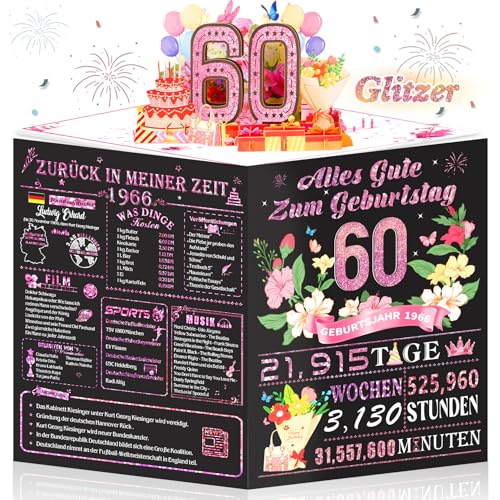 OLOSONG Geburtstagskarte 60 | 3D Pop Up Karte Geschenke Zum 60 Geburtstag für Frau Lustige Roségold Deko 60. Geburtstag Für Mama Oma Ehefrau Freunde Schwester Sie Back in 1966 Mit Umschlag