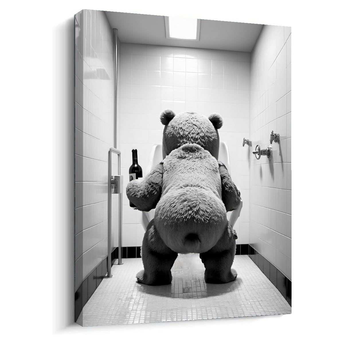 Framed Bear Bathroom Decor Wall Art Funny Teddy Bear Drinking Beer Poster Pictures for Toilet Humor Animal Bathroom Canvas Print Decoration for Bedroom Man Room 16 * 24in