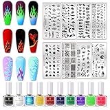 BORN PRETTY Neon Nail Stamping Polish Kit Spring Summer Fluorescent Stamping Polish 10Colors Nail Polish with 8PCS Image Stamp Plate Stamping Templates Plaid Geometric Flower Animal Star Patterns