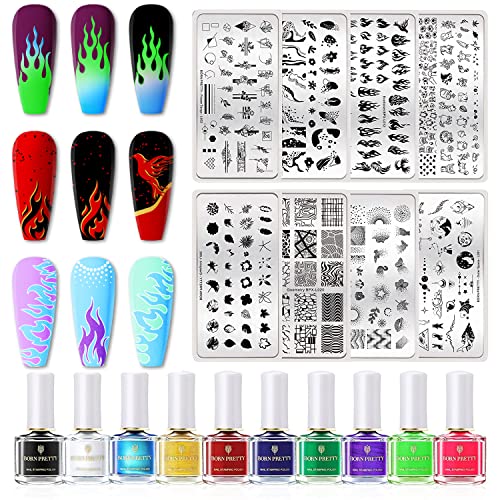 BORN PRETTY Neon Nail Stamping Polish Kit Spring Summer Fluorescent Stamping Polish 10Colors Nail Polish with 8PCS Image Stamp Plate Stamping Templates Plaid Geometric Flower Animal Star Patterns
