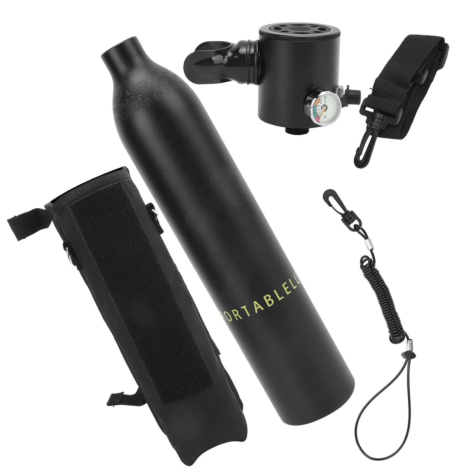 Tanque de Buceo Portátil de 0,5 L Cilindro de Oxígeno Subacuático de Fácil Respiración para Bucear con Bolsa de Almacenamiento y Manómetro Luminoso para Salvavidas