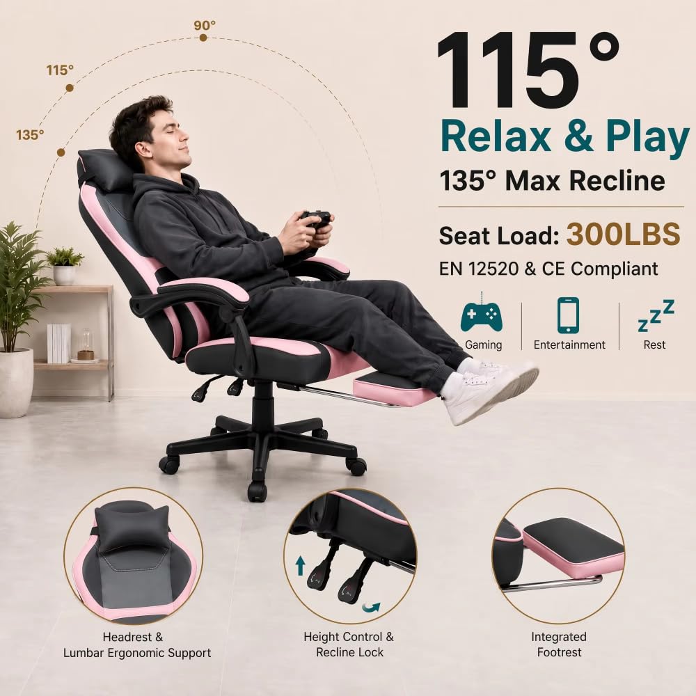 I0I&I0I Ergonomischer Gaming Stuhl Mit Fußstütze Und Lendenkissen Für Home Office Komfortable Rückenstütze (Baby Pink + PVC)