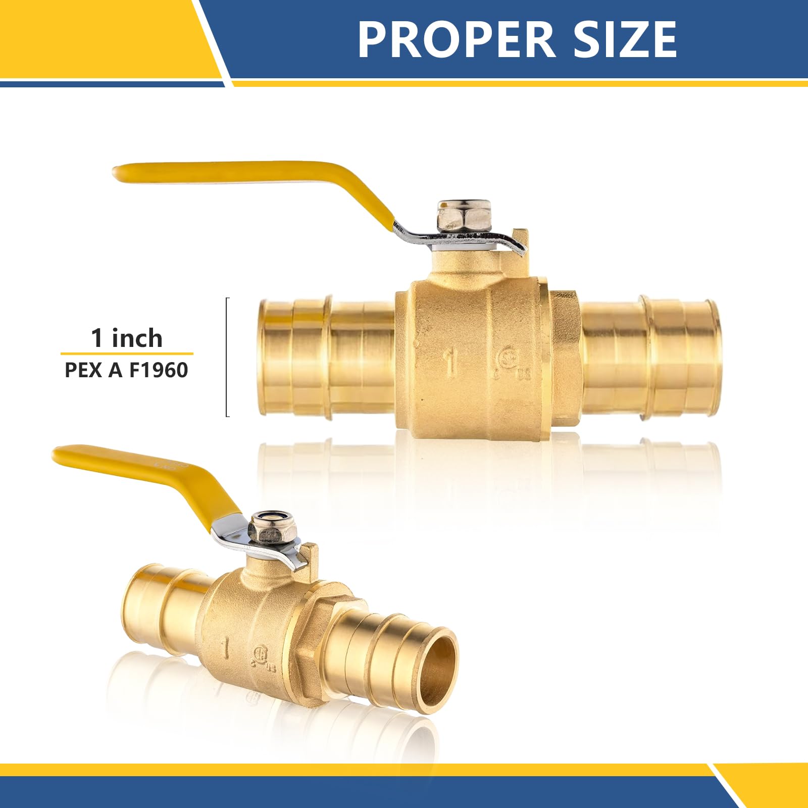 Paquete de 5 válvulas de bola de expansión PEX-A de 1 pulgada, válvulas de bola de latón de cierre completo para tubo PEX-A (ASTM 1960, mango amarillo)