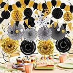 Black Gold Party Decorations, New Years Eve Party Supplies Easy Assembly Paper Fan Honeycomb Ball Garland Hanging Swirl for Graduation Congrats Grad Birthday Happy New Year Party - Image 5