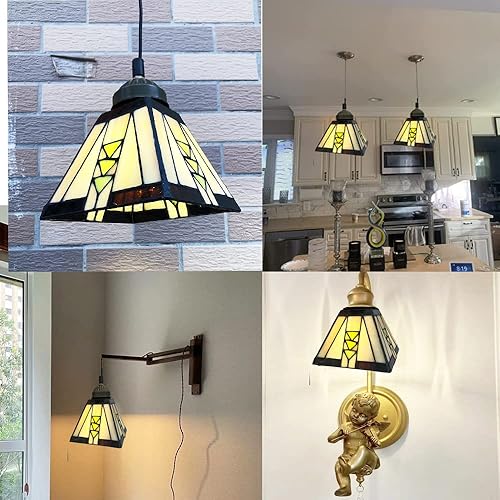Miniatura 10 de HUIMEIJU Pantalla de vidrio Tiffany, pantalla cuadrada de vitrales, pantalla de patrón geométrico, lámpara de pared, pantalla colgante, pantalla de