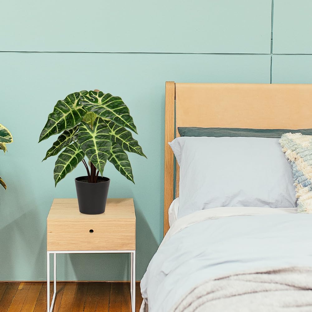 Briful 17'' Fake Plant Real Touch Artificial Alocasia bambino Plant in Black Nursery Pot Faux Alocasia Polly Houseplant for Shelf Tabletop Centerpieces Farmhouse Home Décor, Green Leaves