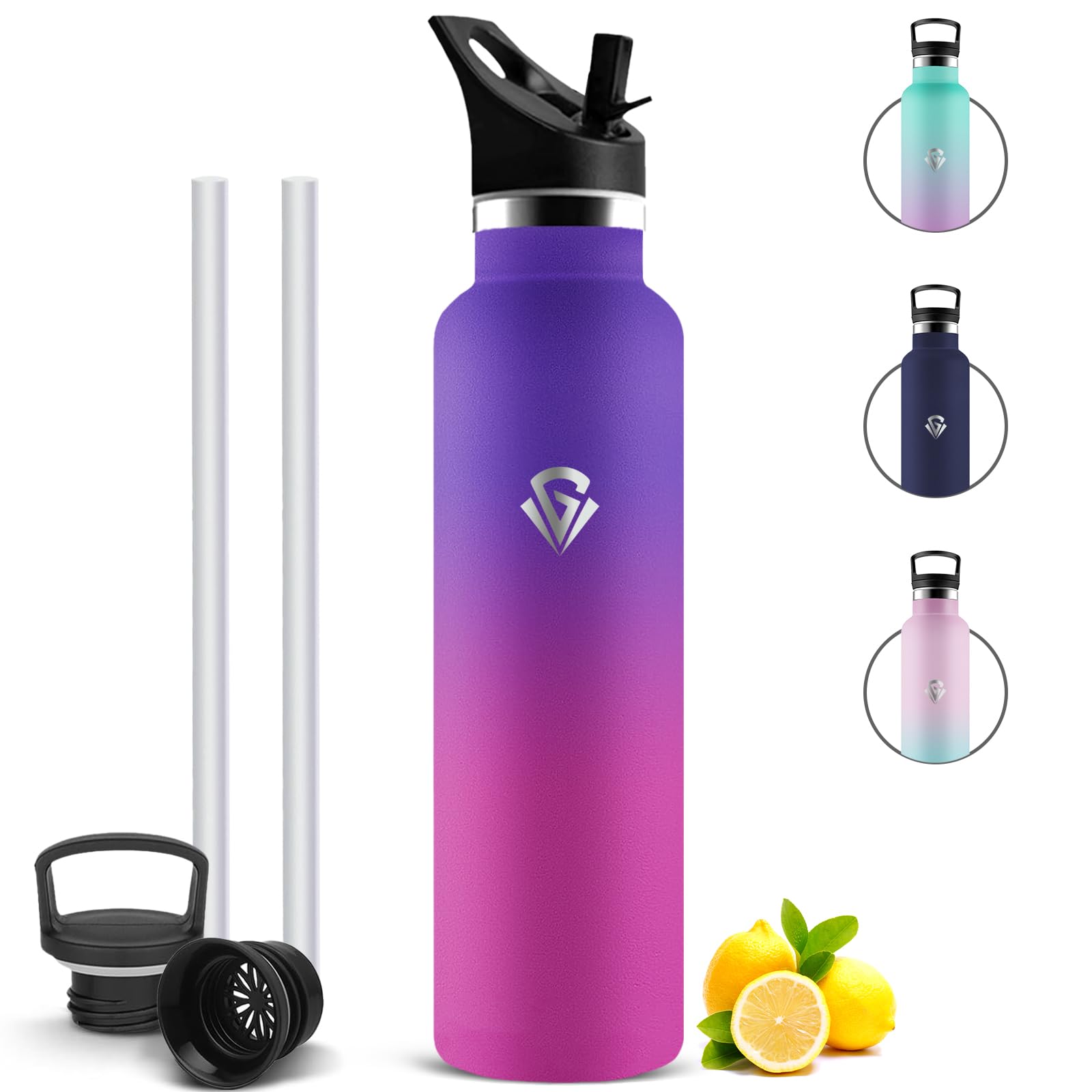 Botella Agua Acero Inoxidable, Botella Termica 1 litro con Pajita, Cantimplora Termica con 2 Tapones, Prueba de Fugas Botella Agua Gimnasio para Cámping, Senderismo, Deporte