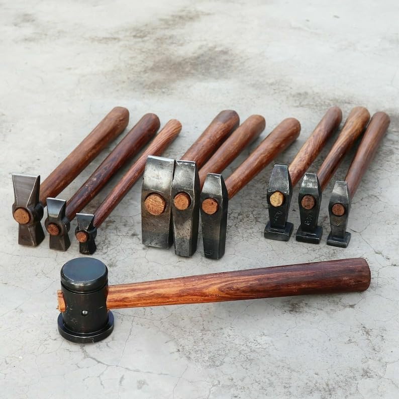 Professional Blacksmith Hammer Set – 10-Piece Forging, Planishing & Cross Peen Hammers with Wooden Handles + Rubber Mallet
