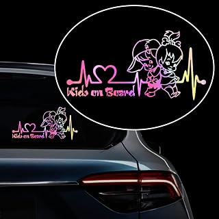 Iprokiu 2pcs Heartbeat Kids on Board Sticker for Car Vinyl Decal Car Body Window Bumper Stickers Cute Boy and Girl Baby on Board Safety Warning Sign Laptop SUV Trucks Car Sticker and Decal (Rainbow White)