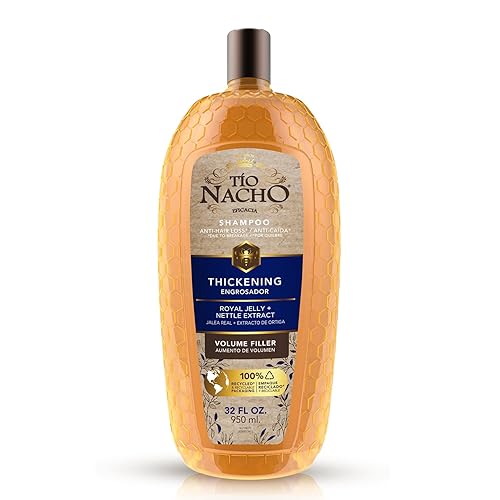 Tio Nacho Champú espesante, voluminizador, antipérdida de cabello y antirotura con jalea real, ortiga y ginseng, libre de parabenos y crueldad, 32