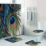 CERYUEE Peacock Feather Shower Curtain Set with Rugs for Bathroom Decor Luxury Feather Bath Curtains Blue & Green Bathroom Sets 72x72 inch