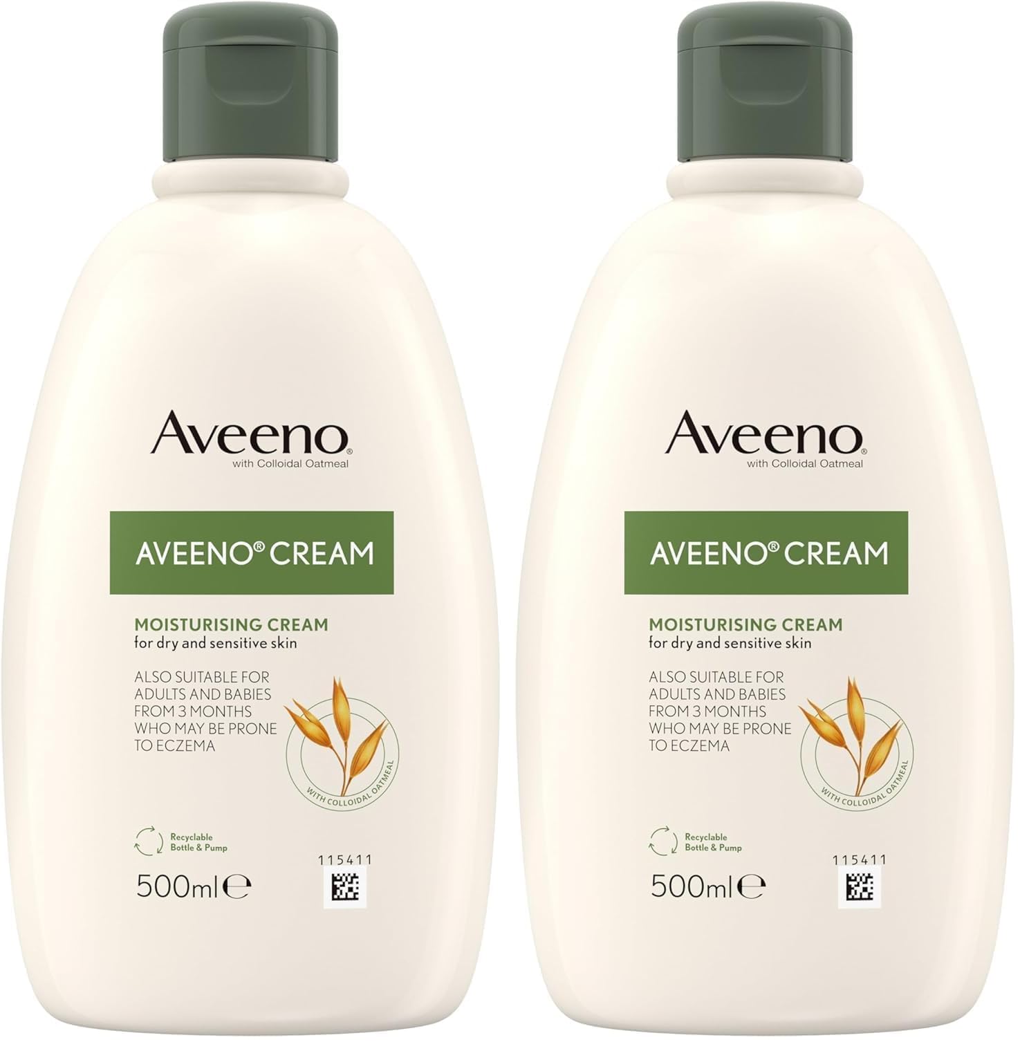 Aveeno Moisturising Cream (1x 500ml), Nourishing Body Lotion with Hydrating Colloidal Oatmeal, Full Body Moisturiser for Dry and Sensitive Skin, Suitable For Adults & Babies From 3 Months (Pack of 2)