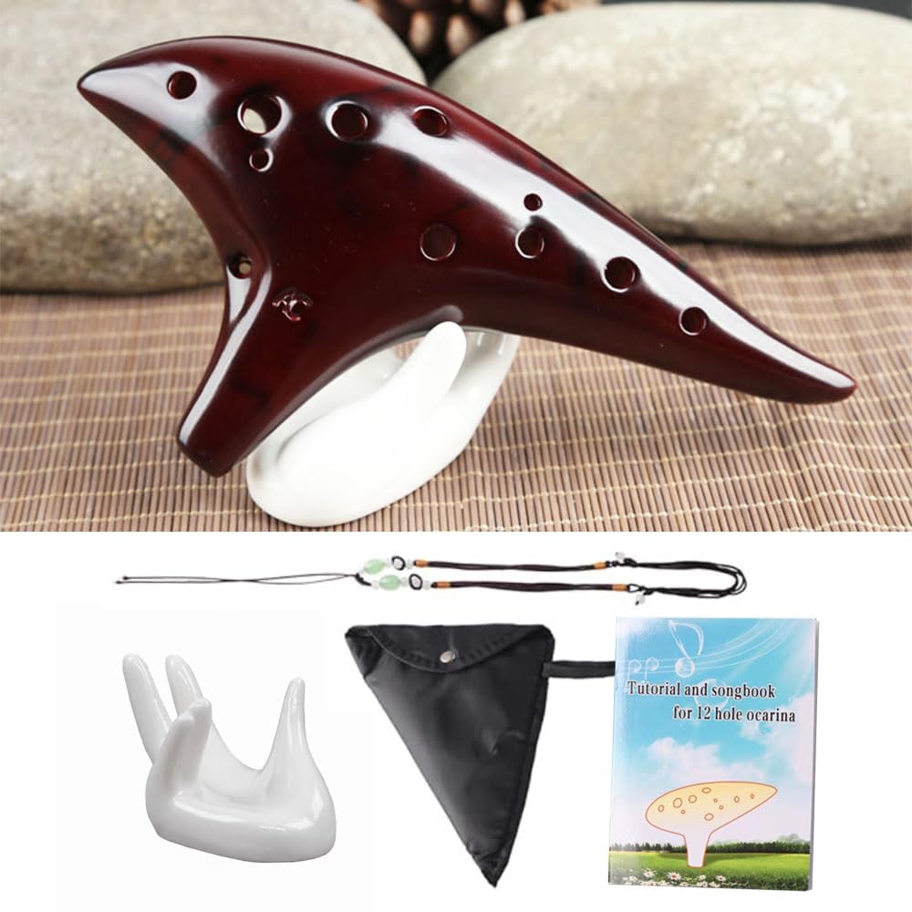 Ocarina a 12 fori in do contralto, in ceramica, con paglia, con libro di canzoni, per principianti, idea regalo (marrone-rossastro)