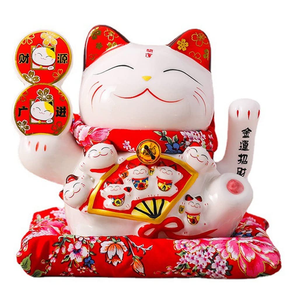 Vklopdsh White 7Inch Ceramic Beckoning Cat Maneki Neko Ornament Feng Shui Decoration Swing,C