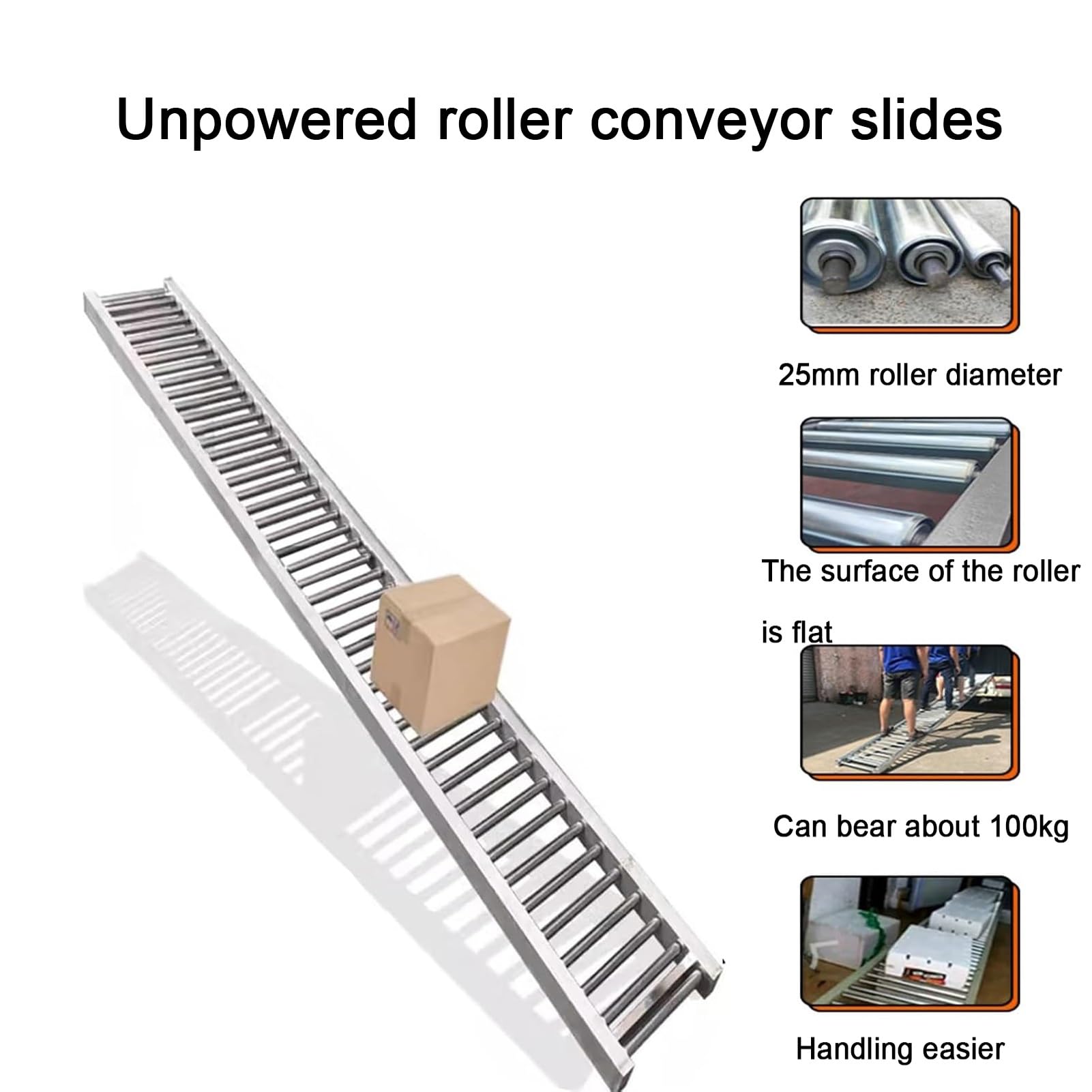 Leichte verzinkte Rollenbahn 0,4 x 4 m mit 2,5 cm Ablaufrolle, effiziente Förderbandführungen für Lager und Fabriken