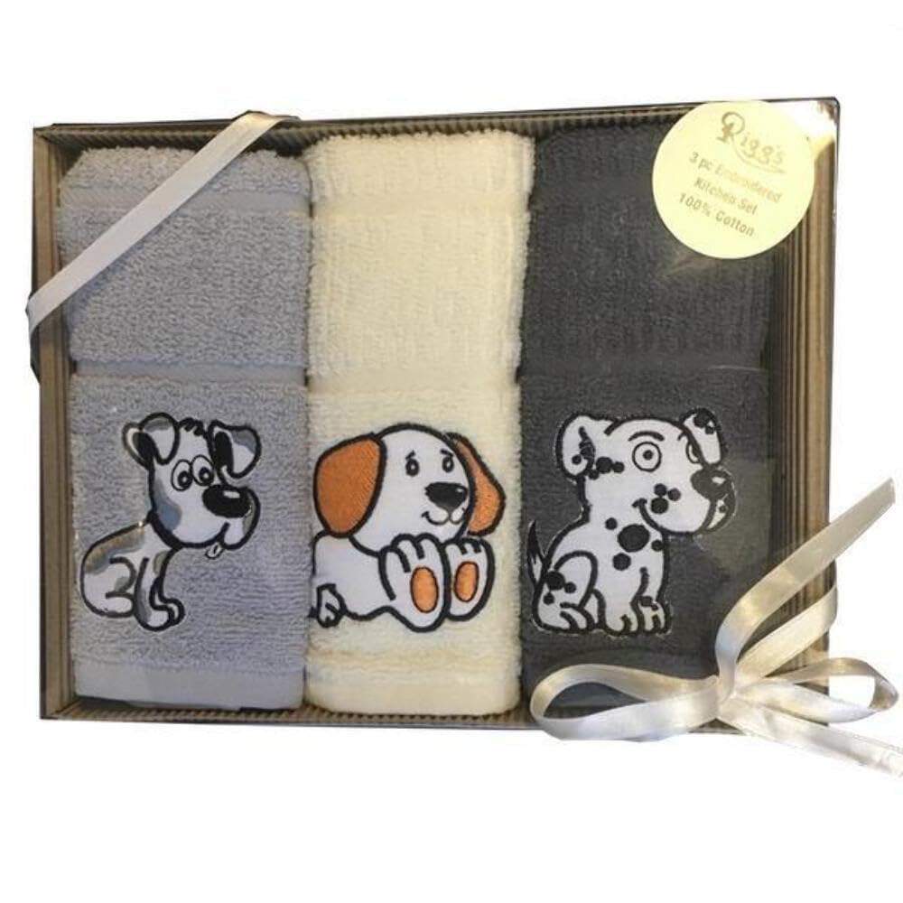 Riggs 3 Piece Dogs Box Embroidered Tea Towel Gift Set