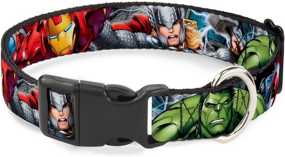 Dog Collar Plastic Clip Marvel Avengers 4 Superhero Poses Close Up 16 to 23 Inches 1.5 Inch Wide