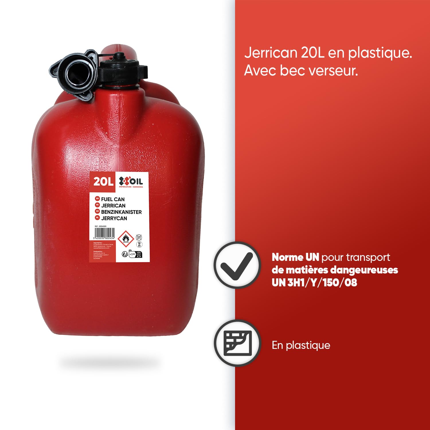 Jerrican 20L - Jerrican Plastique avec Bec Verseur - Norme UN Pour Transport de Matières Dangereuses