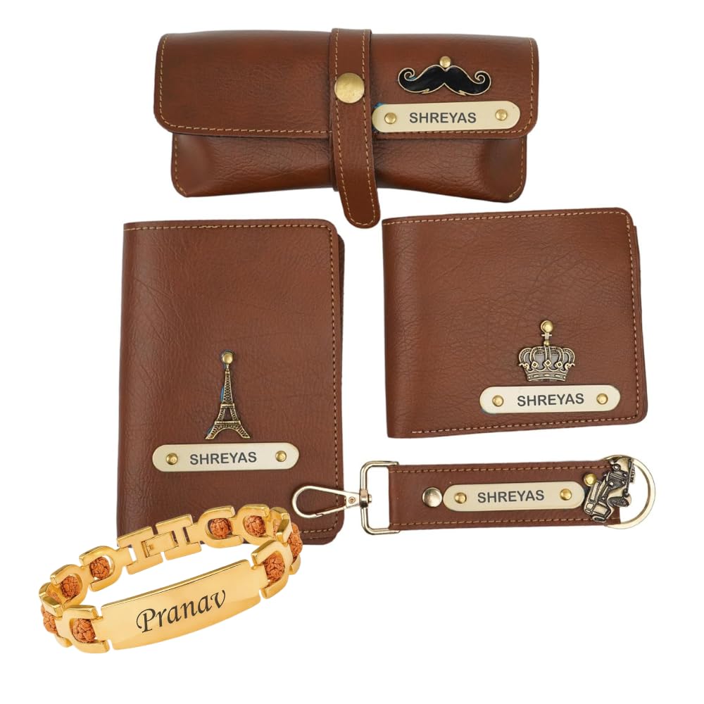 Customized Leather Wallet Raksha Bandhan Gift Set | Personalized Wallet, Passport Cover, Eyewear Case, Keychian and Rakhi with Name Engrave Gift Set for Brother (Brown)-image-37