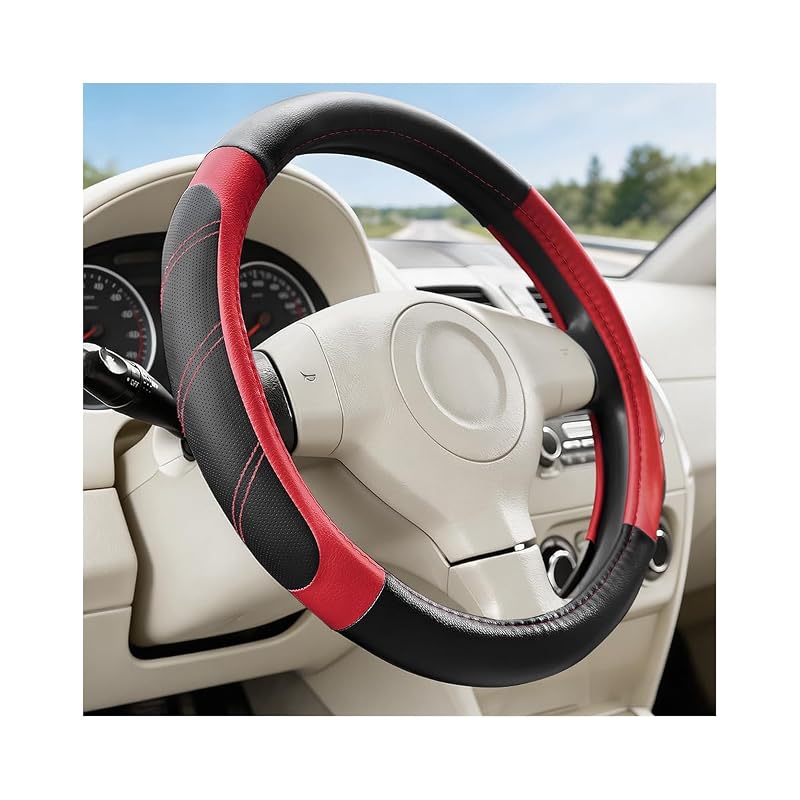 Capa para Volante Automotivo em Couro Sintético com Revestimento Antiderrapante, Preta e Vermelha, 37,9 cm, BCOWPV