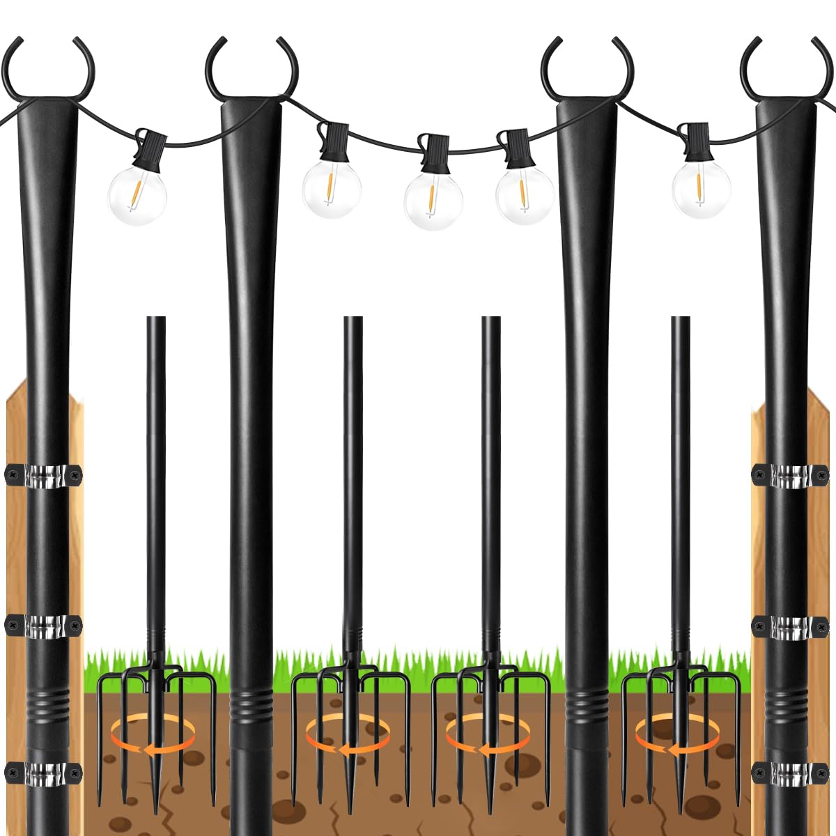 String Light Poles for Outside, 4 Pack Christmas Light Hanger Pole with Fork, 10Ft Metal Light Stand for Outdoor Garden Fence Patio Backyard Yard Deck Party Camping