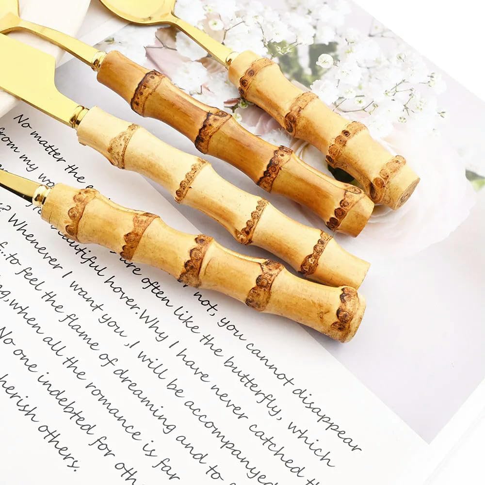 Besteck-Set mit Bambusgriff, silberfarben, 24-teilig, Edelstahl-Besteck, Messer, Löffel, Gabel, Geschirr zum Essen, rein natürliches Material, umweltfreundliches Geschirr