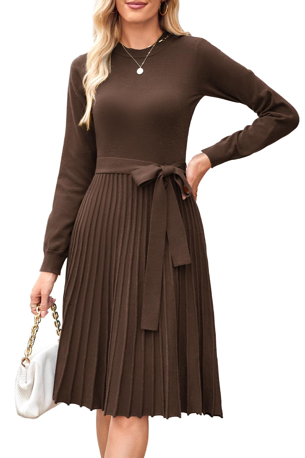 Arach&Cloz Strickkleid Damen Herbst Plissee Langarm Winterkleider Rundhals Casual Herbstkleid Pulloverkleid